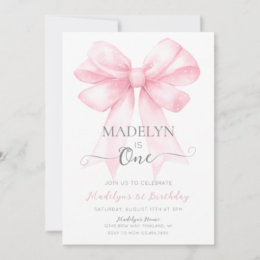Invitation Pink Bow 1er Anniversaire Invitation, Simple fille (Devant)