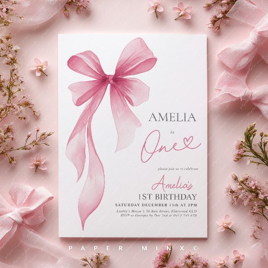 Invitation Pink Bow 1st Birthday Girl Coquette 