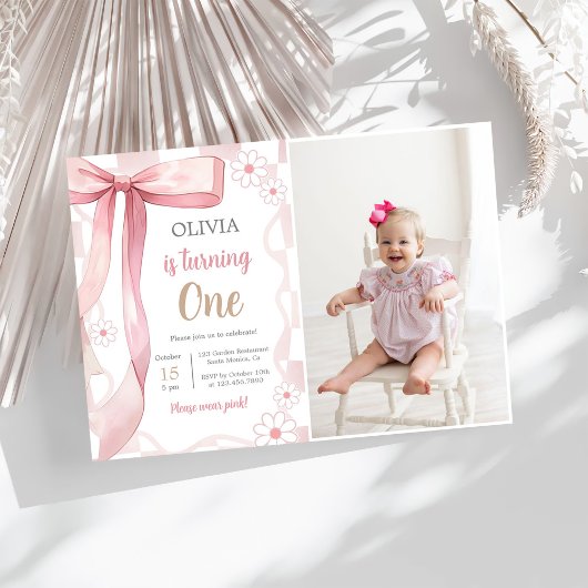 Invitation Pink Bow 1st Birthday Girl Photo