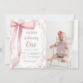 Invitation Pink Bow 1st Birthday Girl Photo (Devant)