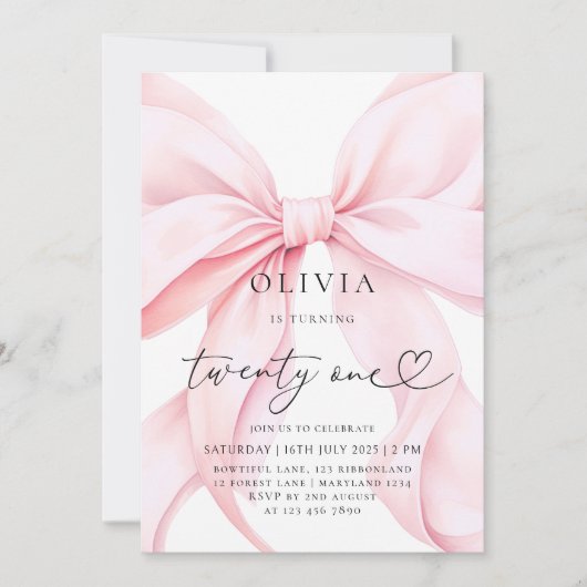 Invitation Pink Bow 21st Birthday Party (Devant)
