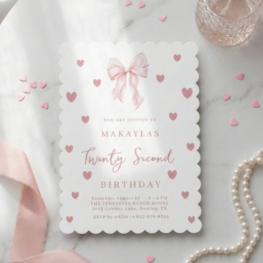 Invitation Pink Bow 22nd Heart Aesthetic Elegant Birthday