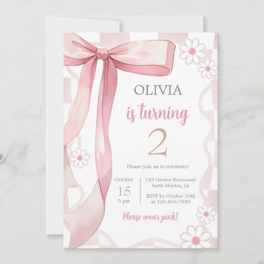 Invitation Pink Bow 2e fille anniversaire (Devant)
