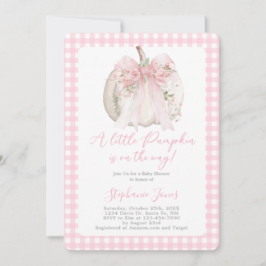 Invitation Pink Bow A Little Pumpkin Baby Shower girl (Devant)