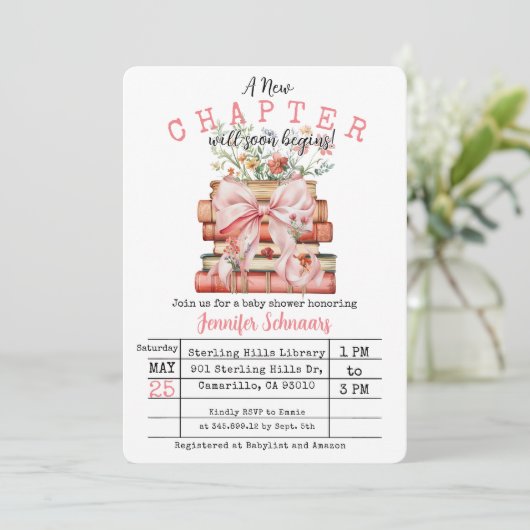 Invitation Pink Bow A New Chapter Baby Shower (Debout devant)