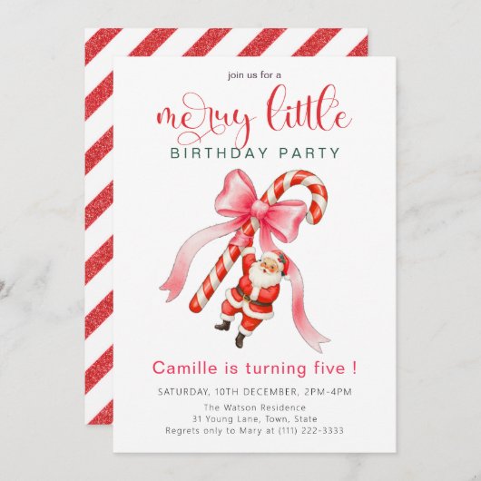 Invitation Pink bow and candy Santa Holiday Birthday (Devant / Derrière)