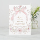 Invitation pink bow and flowers frame Baptism girl (Debout devant)