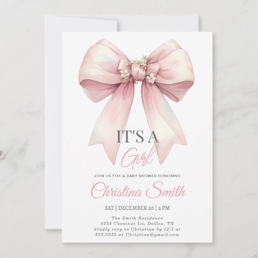 Invitation Pink Bow Aquarelle Blush Rose Baby Girl Douche (Devant)
