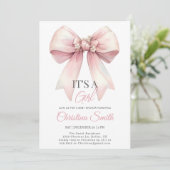 Invitation Pink Bow Aquarelle Blush Rose Baby Girl Douche (Debout devant)