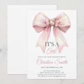 Invitation Pink Bow Aquarelle Blush Rose Baby Girl Douche (Devant / Derrière)