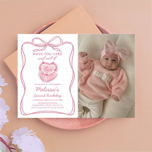 Invitation Pink Bow Ayez Votre Gâteau et Mangez-le deux Anniv