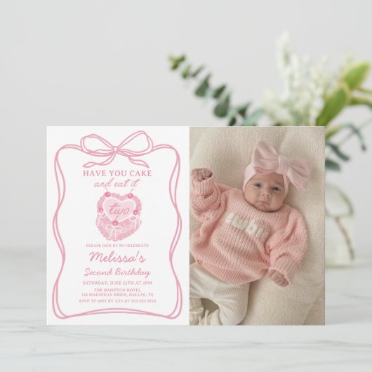 Invitation Pink Bow Ayez Votre Gâteau et Mangez-le deux Anniv (Debout devant)