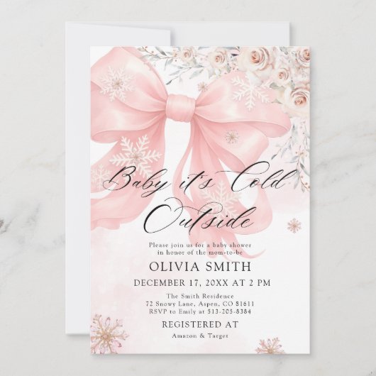 Invitation Pink Bow Baby C'est froid dehors Baby shower fille (Devant)