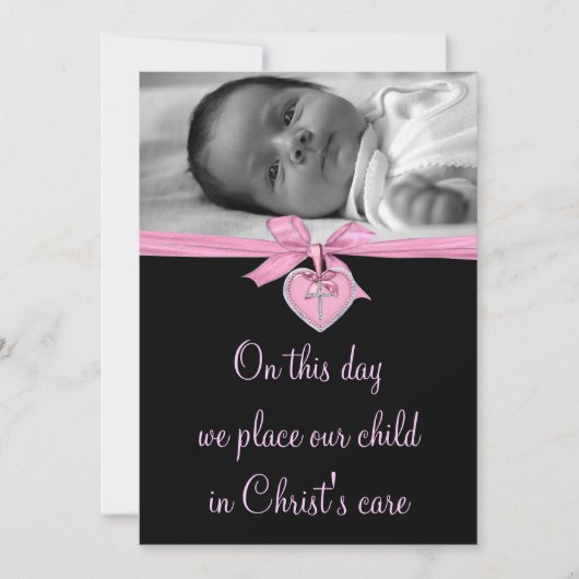 Invitation Pink Bow Baby Girl Photo Christening (Devant)