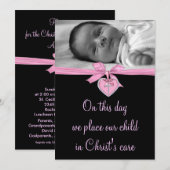 Invitation Pink Bow Baby Girl Photo Christening (Devant / Derrière)