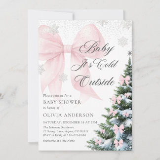 Invitation Pink Bow Baby It's Cold Outside Baby Shower
