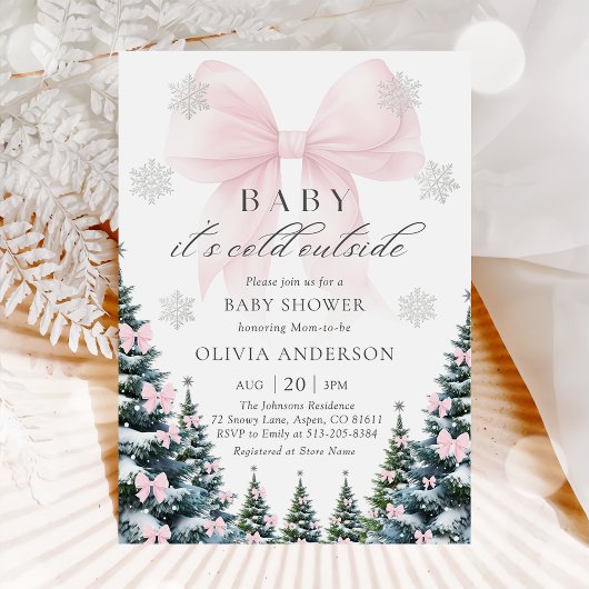 Invitation Pink Bow Baby It's Cold Outside Baby Shower 