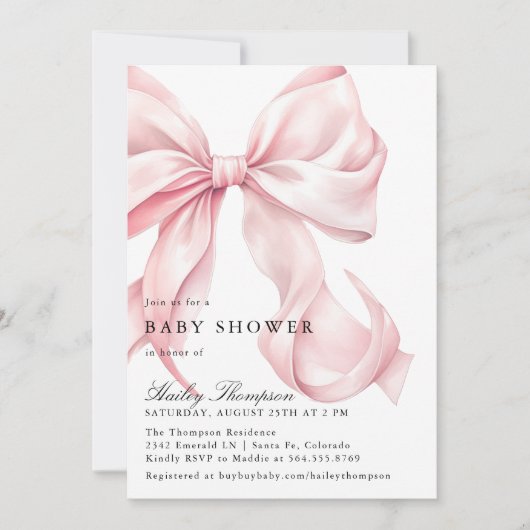 Invitation Pink Bow Baby Shower Coquette Bow (Devant)