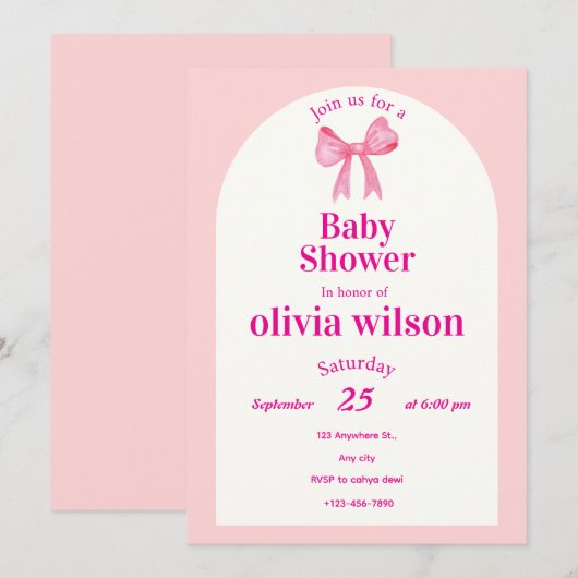 Invitation Pink Bow Baby Shower.elegant baby shower. (Devant / Derrière)