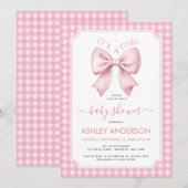 Invitation Pink Bow Baby Shower Gingham Plaid It's a Girl (Devant / Derrière)