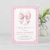 Invitation Pink Bow Baby Shower Gingham Plaid It's a Girl (Debout devant)