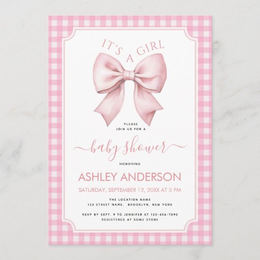 Invitation Pink Bow Baby Shower Gingham Plaid It's a Girl (Devant)
