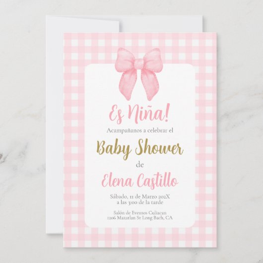 Invitation Pink Bow Baby shower Girl dans l'invitation espagn (Devant)