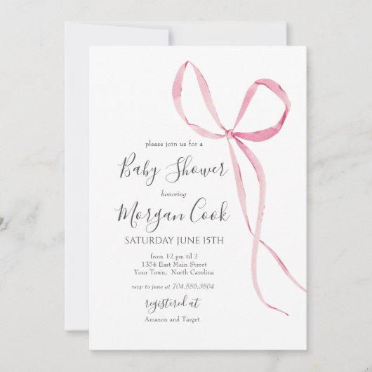 Invitation Pink bow baby shower invitation, bébé fille douche (Devant)