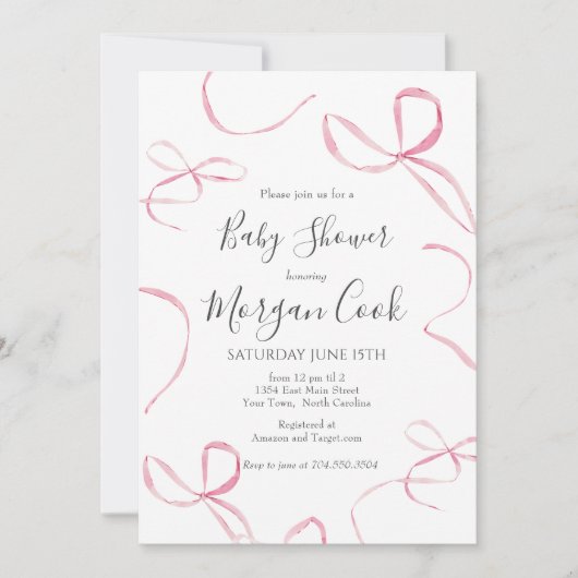 Invitation Pink bow baby shower invitation, bébé fille douche (Devant)