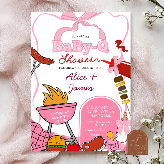 Invitation Pink Bow Backyard BabyQ Baby Shower
