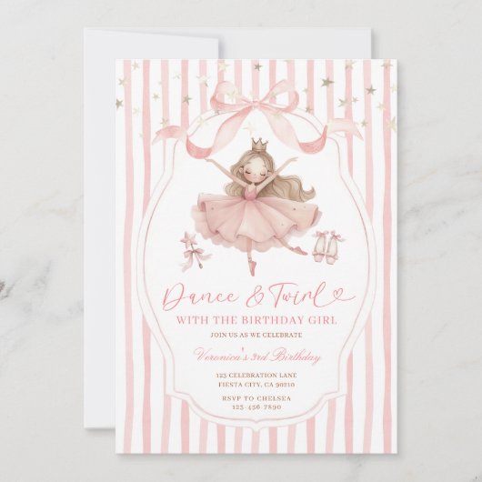 Invitation Pink Bow Ballerina Dance and Twirl Birthday Stripe (Devant)