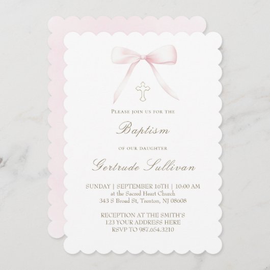 Invitation pink bow | Baptism girl (Devant / Derrière)
