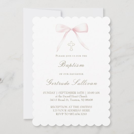 Invitation pink bow | Baptism girl (Devant)