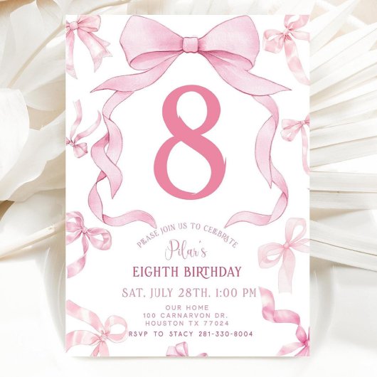 Invitation Pink Bow Birthday Invite, Girls 8th Birthday Invit