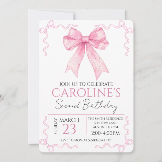 Invitation Pink Bow Birthday Watercolor (Devant)