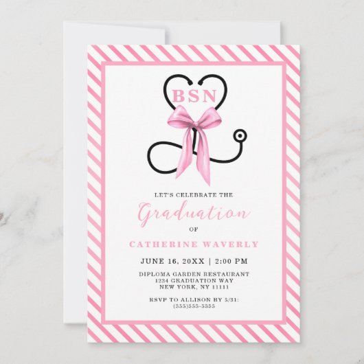 Invitation Pink Bow BSN Nurse Graduation Party (Devant)
