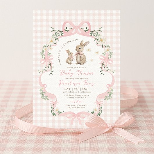 Invitation Pink Bow Bunny Gingham Floral Girl Baby Shower