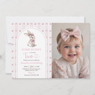 Invitation Pink Bow Bunny Vintage Rabbit 2nd Birthday Photo