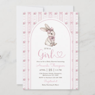 Invitation Pink Bow Bunny Vintage Rabbit Baby Shower