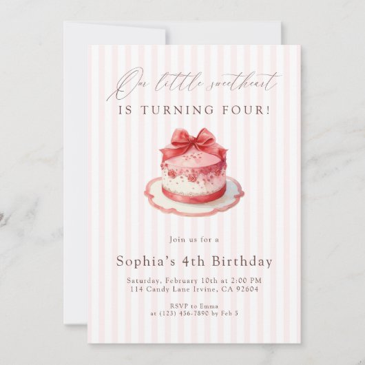 Invitation Pink Bow Cake 4th Birthday (Devant)