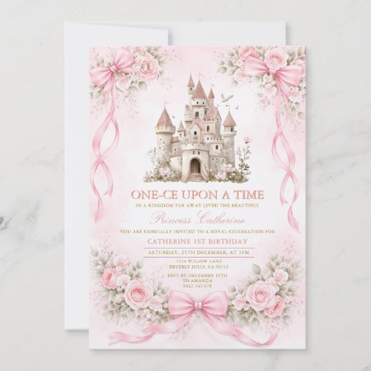 Invitation Pink Bow Castle First Birthday (Devant)