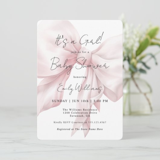 Invitation Pink Bow C'est un Baby shower de fille (Debout devant)