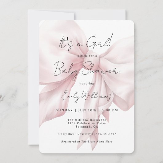 Invitation Pink Bow C'est un Baby shower de fille (Devant)