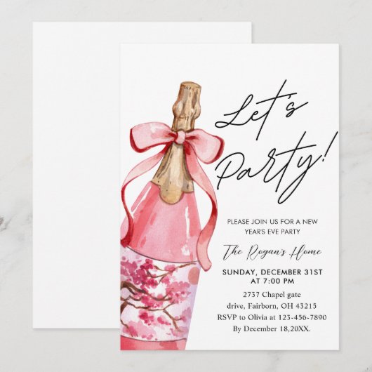 Invitation Pink Bow Champagne Bottle New Year's Eve Party (Devant / Derrière)
