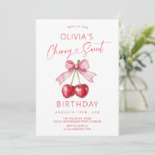 Invitation Pink bow cherry girl birthday (Debout devant)