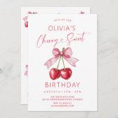 Invitation Pink bow cherry girl birthday (Devant / Derrière)