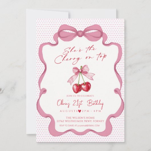 Invitation Pink bow cherry ribbon girl birthday Party (Devant)