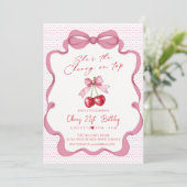 Invitation Pink bow cherry ribbon girl birthday Party (Debout devant)