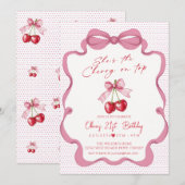 Invitation Pink bow cherry ribbon girl birthday Party (Devant / Derrière)