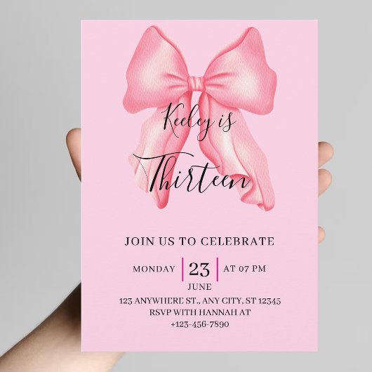 Invitation Pink Bow Coquette 10th 14th 18th 20 Birthday Girls